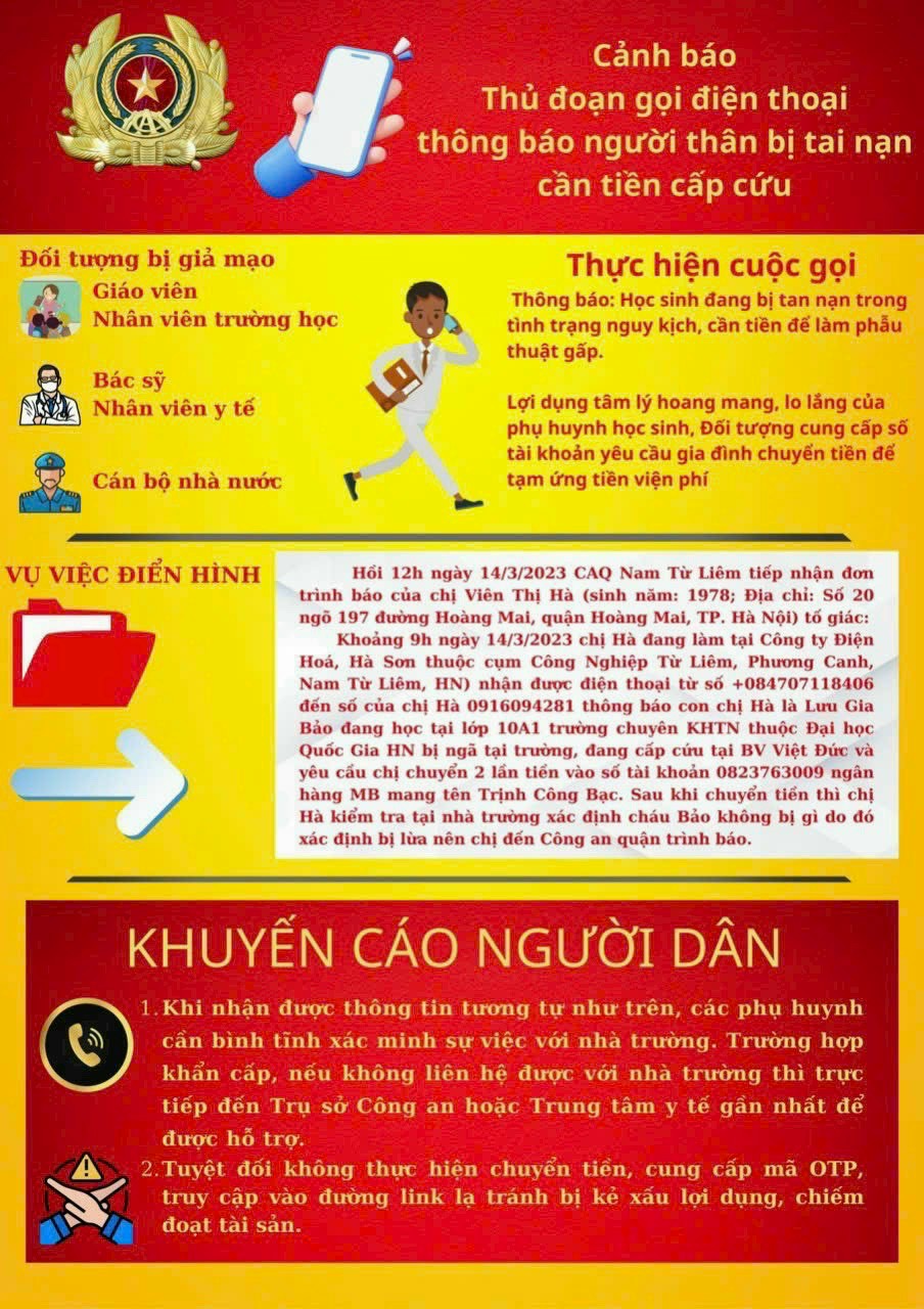 CẢNH BÁO Thủ đoạn goi điện thoại thông báo người thân bị tai nạn cần tiền cấp cứu